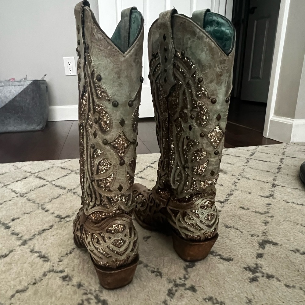 Corral Glitter Embellished Heeled Boots - Brown and Gold - Picture 4 of 7